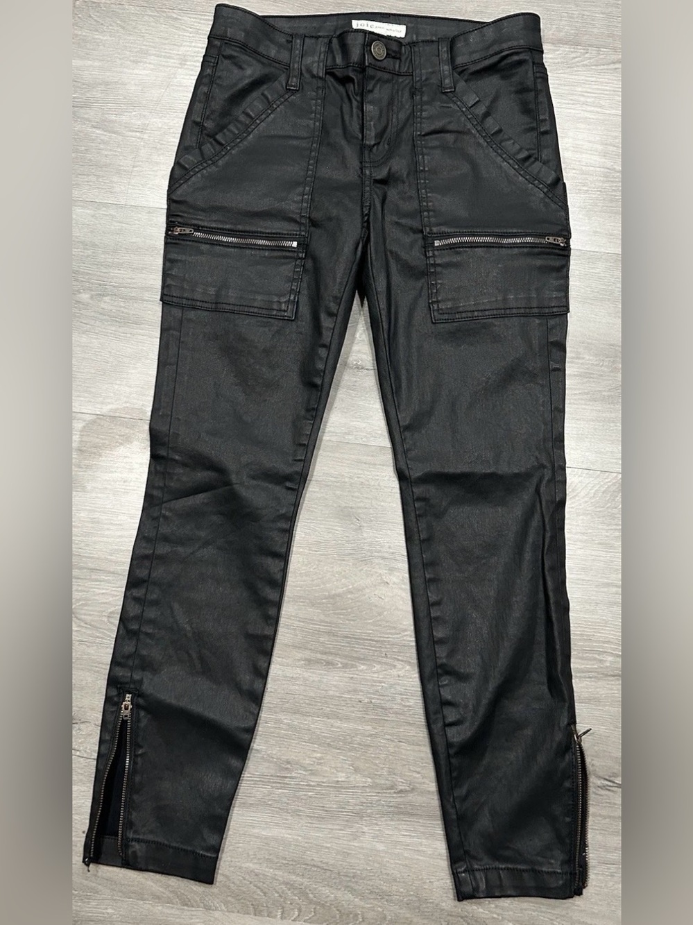 Joie Park Skinny B Coated Cargo Jeans Black Moto Ankle Zip Made in USA Size 27